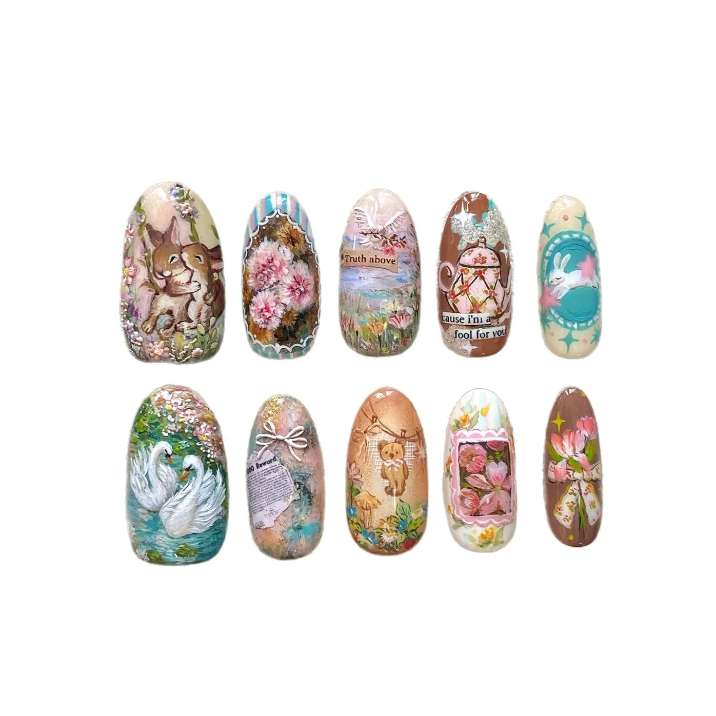 24pcs Field Journal Series False Nails Cute Rabbie Swan Flower Designs Fake Nails European Style Oil Painting Press On Nail