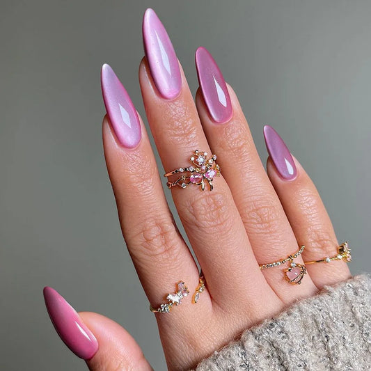 24pcs Gradient Rose Pink False Nails Glossy Cat Eye Design Fake Nail Tips For Girls Women Almond Press On Nails Patch Wearable