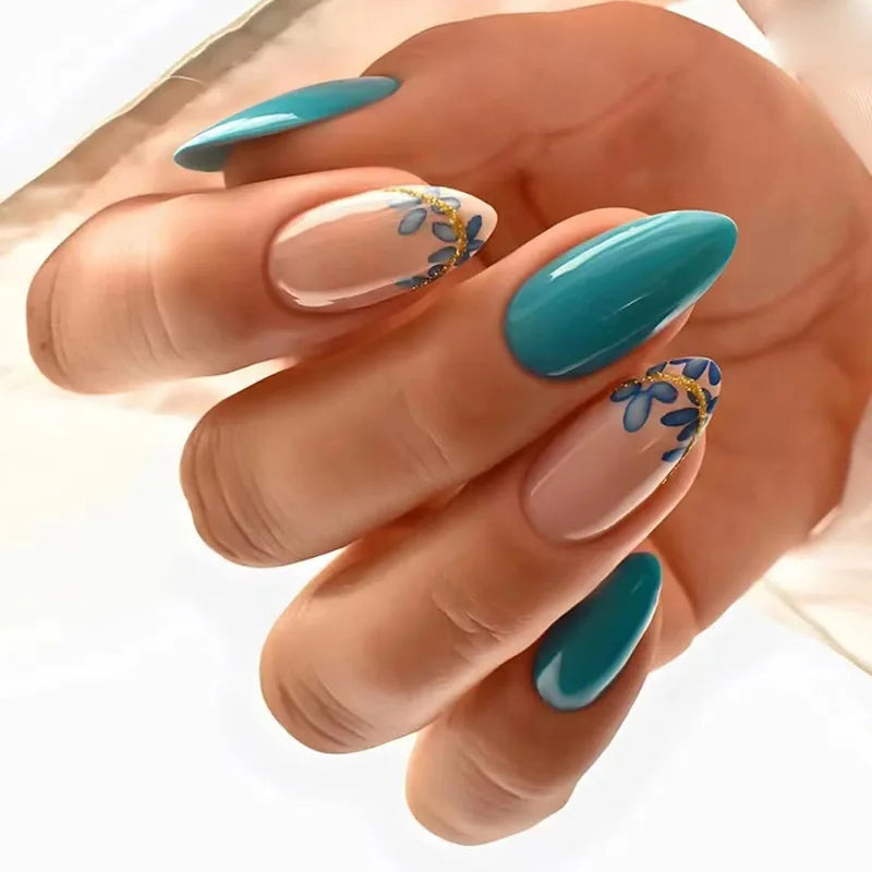 24pcs Press on Nails Wearable Colorful French Mid-length Almond Fake Nails Tips Finished Simple Rainbow Design False Nail Sets