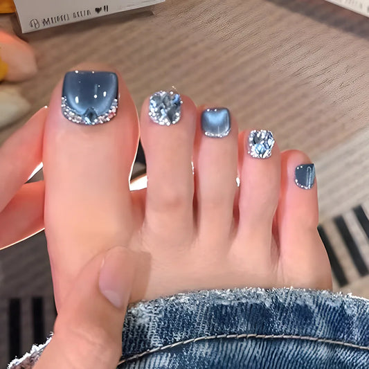 24Pcs Short Square Head Fake Toenail with Blue Cat's Eye Rhinestone Design Art Press on Nail Tip Wearable Full Cover False Nails