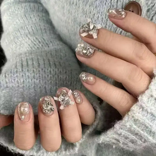 10pcs high-end The atmosphere is simple and everyday, with dazzling three-dimensional diamonds and bows handmade fake nails