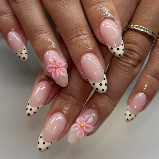 24-Piece Short Almond-Shaped Nail Stickers, Fashionable French-Style Black Polka Dot 3D Stereo Pink Gradient Resin Flower Polka Dot Nail Set (Includes: One Jelly Glue Sheet and 1 Nail File), Suitable for Women's Daily Outings