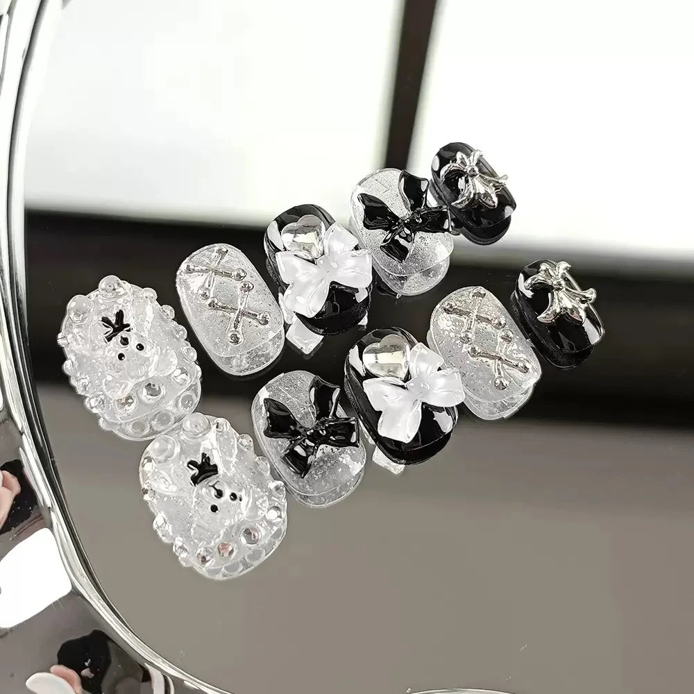 10pcs high-end Cute little bear bow heart handmade fake nails, Grey nail art