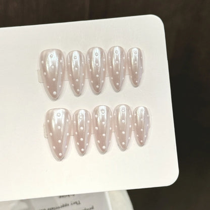 10pcs Autumn Winter Handmade Fake Nails Nude Brown Almond Simple False Nails White Wave Point Designs Daily Press On Nails