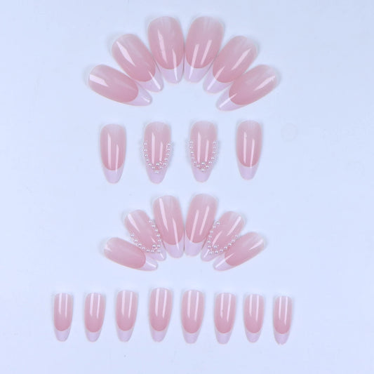 24PCS/ French white edge Almond fake nails instantly upgrade your look, pearl trim, exquisite elegance suitable for stylish girl
