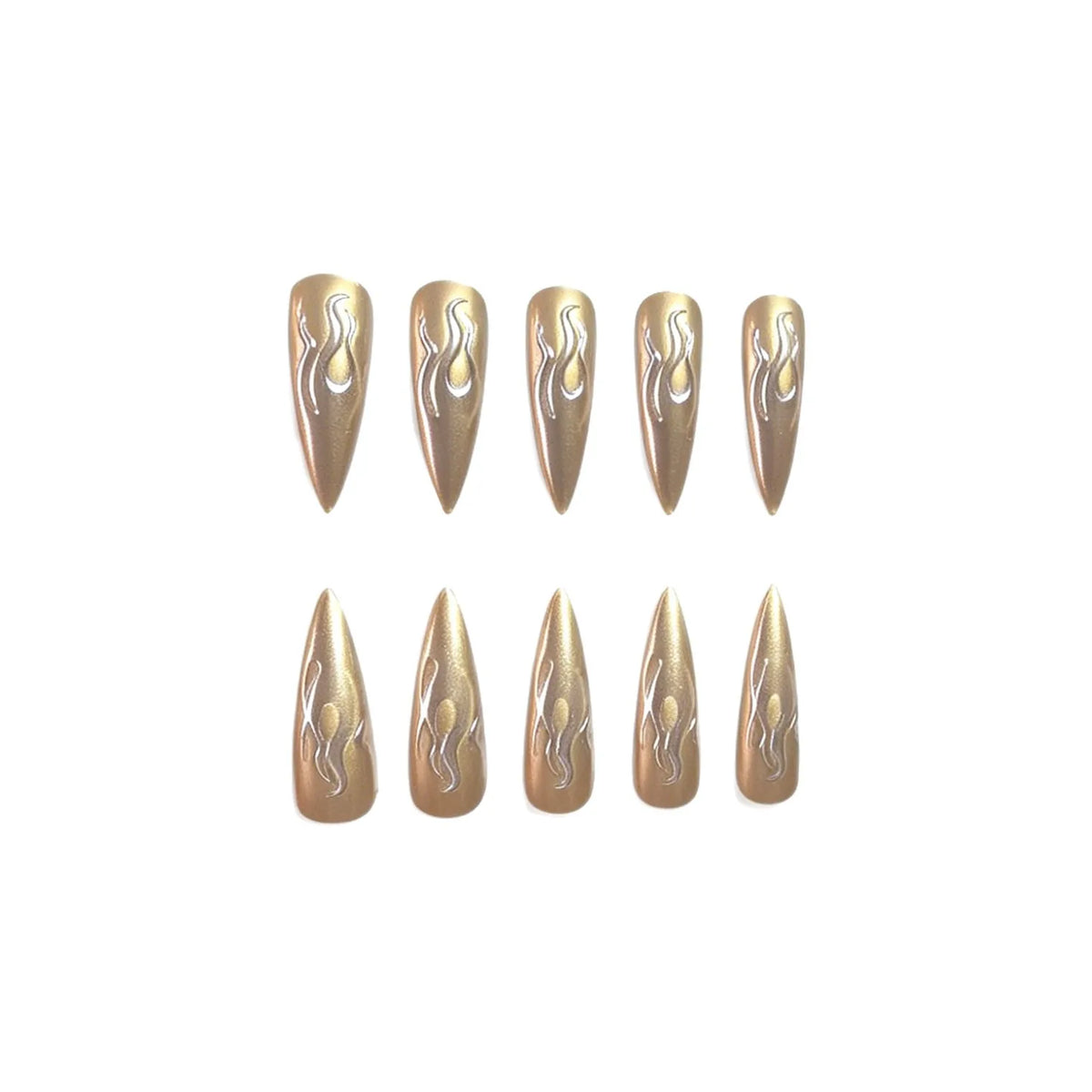 24PCS 3D Chrome Silver Gold Flame Stiletto Press On Nails Metallic Mirror Effect Reusable Fake Nail Art Punk Style False Nails