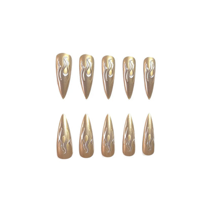 24PCS 3D Chrome Silver Gold Flame Stiletto Press On Nails Metallic Mirror Effect Reusable Fake Nail Art Punk Style False Nails