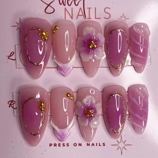 24pcs Cat's Eye Fake Nails Press on Reusable Green Long Almond Nails Tips with Shell Flower Design French Stiletto False Nail