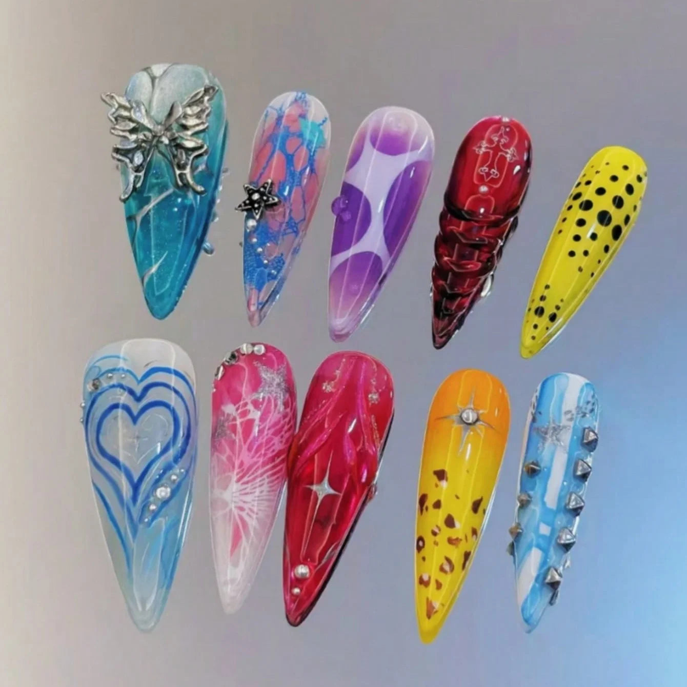 10 Pieces of Hand-Pressed Long Almond-Shaped Nails, Beautiful Fake Nails, Dopamine Neon Color, Suitable for Women