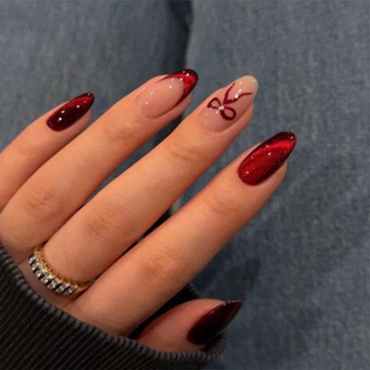 24pcs Wine Red Press on Nails Wearable French Bow Cat's Eye Design Oval Nails Tips Rhinestone Design False Nail Art Fake Nail