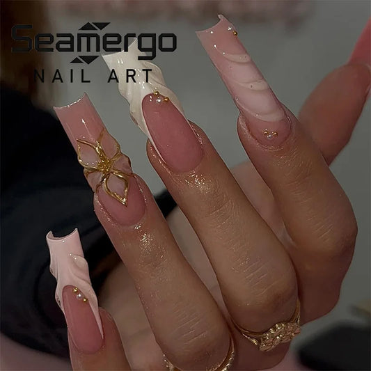 24PCS Nude Pink Long Square Fake Nails with White Wave Gold Floral Pearl Press on Nails Elegant Sweet Bridal Nail Art for Women