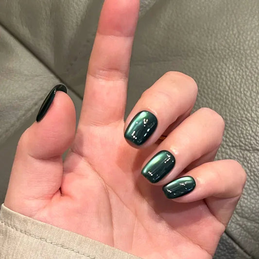 24Pcs Short Square Press on Nails Full Cover Pure Cat Eye Designs Fake Nails Green Ballet Nail Stickers Wearable French Manicure