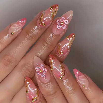 24Pcs Light Blue Smudge Fake Nails Press on Almond Gold Leaf Removable Long Full Cover Nail Tips Wearable Finished Nail Art