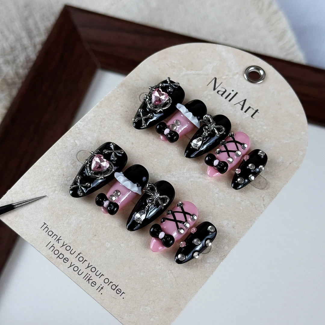 10pcs high-end Dark-themed fugitive princess, hand-drawn three-dimensional heart, bow tie, dazzling array of sparkling diamonds