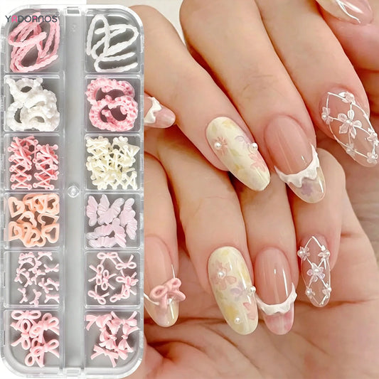 12Grid Pink Ballet Series Nail Accesssories 3D Bowknot/Heart/Skirt Hem Designs Charms For Nail Korean Style DIY Nail Decorations