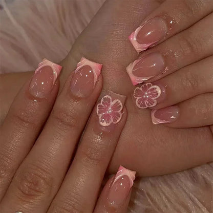 24pcs Press on Nails Short Almond Bowknot Black Press on Nails White Pearl Sweet French Tip Press on Nails Cute Nail Artificial