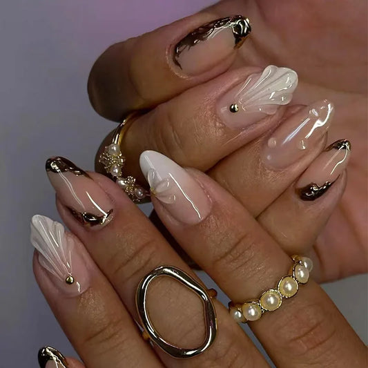 24pcs Almond False Nail Round Head Long Nails Sets Press on With Starlight Rhinestone Design Nails Tips French Golden Fake Nail