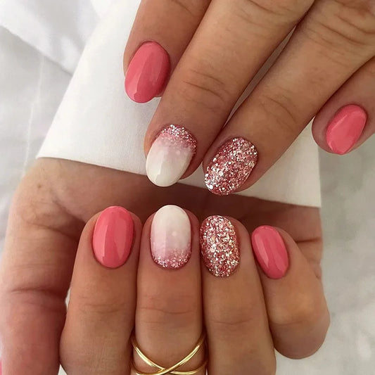 24Pcs Short Round Head Fake Nails Press on Rose Red Shiny Powder Gradient False Nails Detachable Finished Full Cover Nails Tips