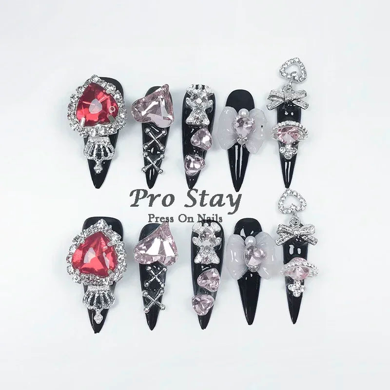 10pcs Dark Black Y2k Hot Girl Handmade Press On Nails Sweet Cool With Diamond Metal Decoration Wearable Artificial False Nail