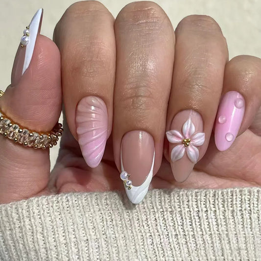 24pcs French Almond Fake Nails Tips Purple Gradient Long False Nail Art Flower Design Stick on Nail Pearl Decor Press on Nails