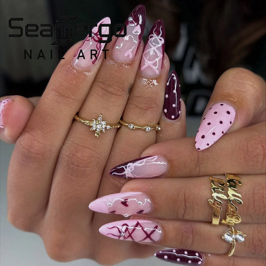24PCS Sweet Cute Purple Love Bow False Nails Almond with Polka Dot Pearl Press on Nails French Design Ins Style Daily Fake Nails