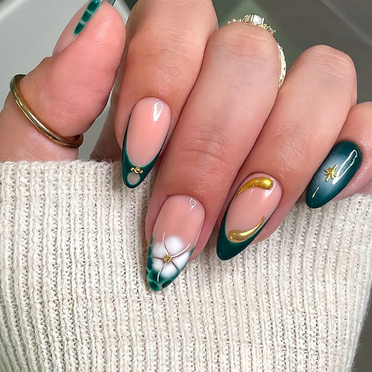 24pcs Almond Nails Sets Press on Wearable Gradient Pink Nails Tips with Flower Pearl Design False Nail Woman French Fake Nail