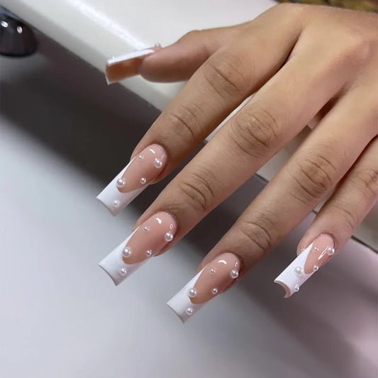 24pcs Long Square French Fake Nails Sets Pearl Design Stick on False Nail Tips Simple Detachable White Press on Nails Finished