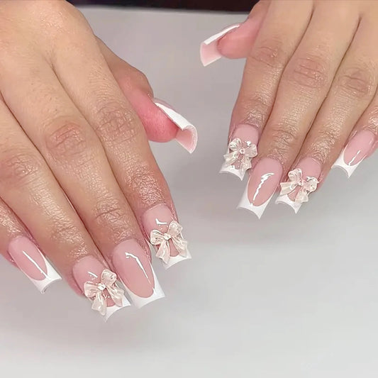 White French Press on Nails 3D Bowknot Fake Nails Tips Full Cover Wearable False Nails for Women and Girls DIY Manicure 24Pcs