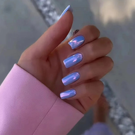 24pcs Mid-length Square Press on Nails Sets Wearable Simple Blue Purple Aurora Full Cover Nail Solid Color False Nail Fake Nails