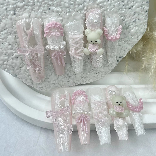 10PCS Cute Pink Blue Lolita French Lace Handmade Press On Nails 3D Teddy Bear Bow Pearl Fake Nails Sweet Elegant Long Nail Art