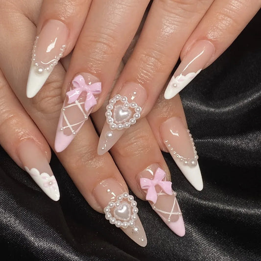 24Pcs Mid-length Stiletto Press on Nails White Stripe French 3D Bow Fake Nail Pearl Heart Detachable Full Cover False Nails Tips