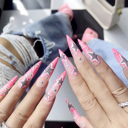 24pcs Punk Metal Fake Nails Press On Finished Long Pointed Silver Mirror y2k Nail Tips Full Cover Stiletto False Nails For Girl