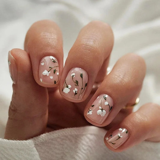 24Pcs Short Square Head Full Cover Nails Tips Simple Flower with Design Fake Nails Art Reusable Artificial  Press on False Nails