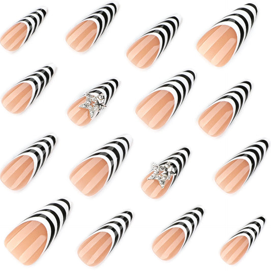 24pcs Black White Zebra Stripes Press On Nails Long Pointed French Style Spicy Girl False Nails Y2k Metal Star Decor Fake Nail