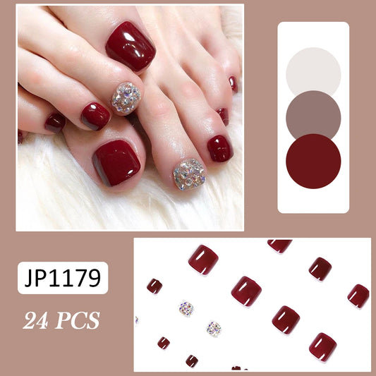 24pcs Glossy Red Fake Toenails Glitter Rhinestone Design False Toe Nails for Women Wearable Summer Nail DIY Press on Toenails