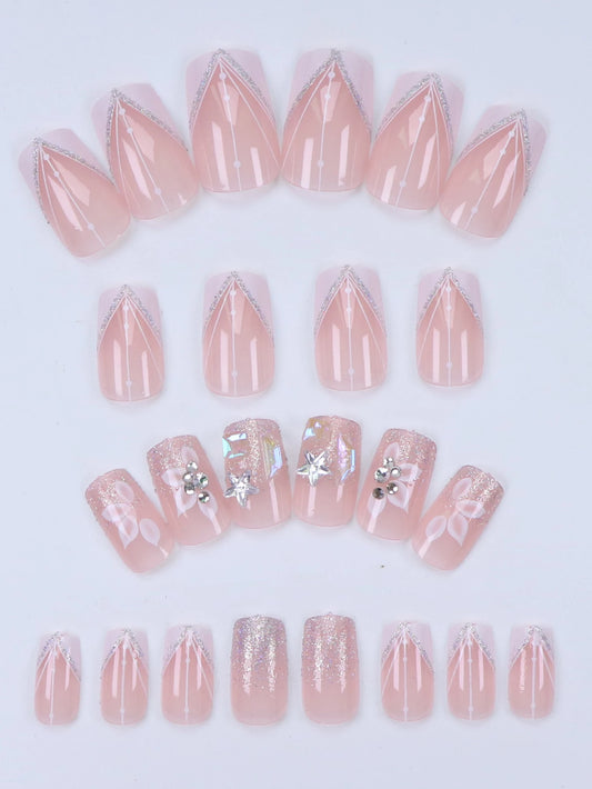 24pcs French flash white border cherry blossom rhinestone fake nailsWhitening Nail Set With Detachable Fake Nails For Festival
