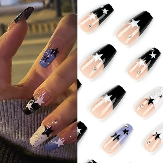 24pcs French Style Press On Nails Black White Star Printed Design Fake Nail Tips Long Coffin Spicy Girls False Nails Wearable