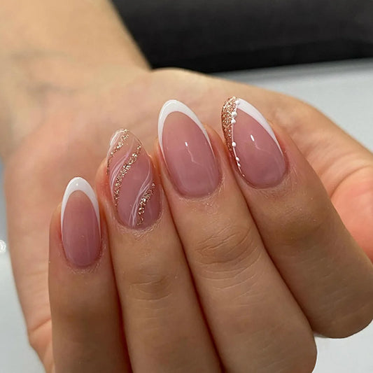 24pcs Simple White French Fake Nails Sets Gilded Lines Almond Press on Nails Reusable with Shiny Powder Wave Design False Nail