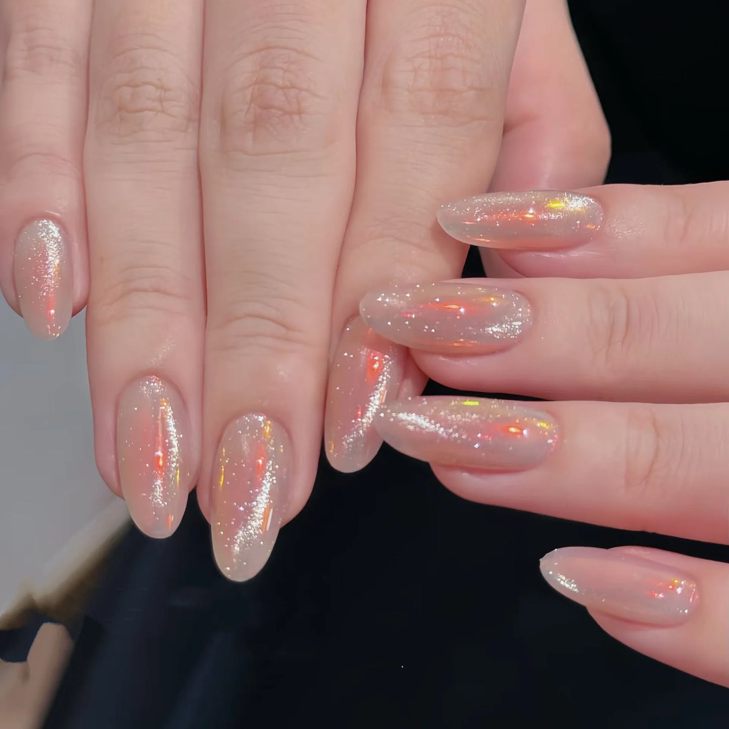 10Pcs Glitter Almond Handmade False Nails French Designs Orange Cat Eye Nails Tips Summer Simple Press on Nails Detachable Daily