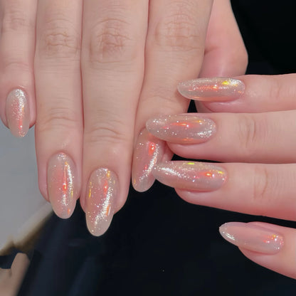 10Pcs Glitter Almond Handmade False Nails French Designs Orange Cat Eye Nails Tips Summer Simple Press on Nails Detachable Daily