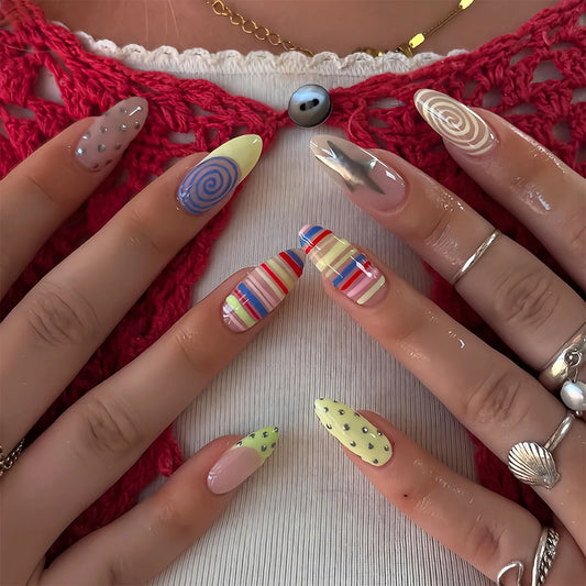 24pcs Almond Shaped False Nails Dopamine Wearing Summer Starry Polka Dot Printed Y2k Fake Nails INS Fashion Press on Nails