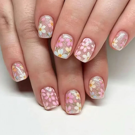 24Pcs Summer Simple Flower Design Press on False Nails Short Square Head Full Cover Nails Tips Shiny Powder Reusable Fake Nails