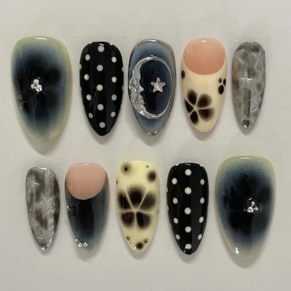 24Pcs Mid-length Almond Press on Fake Nails with Insect Flower Button Design Full Cover Nails Tips Reusable Finished False Nails