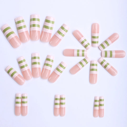 24pcs Long Square Shaped Fake Nails Simple White Green Stripes French Style Press On Nails Ins Fashion Wearable False Nail Tips