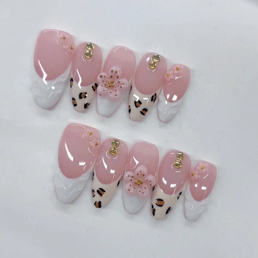 10pcs high-end Exquisite and sweet style, hand-painted leopard print, three-dimensional flowers, and sparkling dot diamonds hand