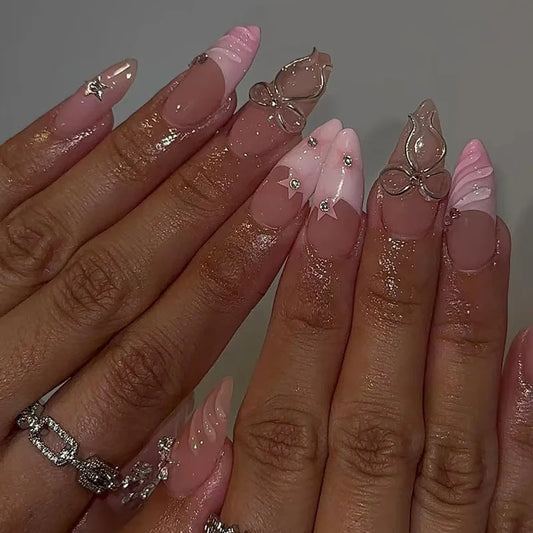 24pcs Rhinestone Star Fake Nails Simple Bow Almond False Nail Art Reusable Pink Long Press on Nails French Full Cover Nail Tips