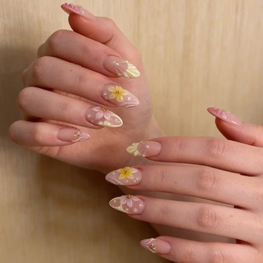 24PCS Almond Press on Nails 3D Flower Leaf Pearl Rhinestone Decor Pink Yellow Shell Nude Sweet Style Glossy Reusable False Nails