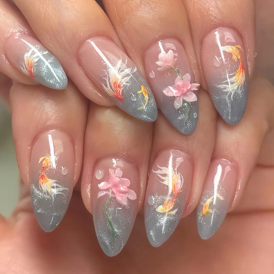 24pcs Almond False Nails Gradient Argent Tips Press on Nails Koi Flower Design Full Cover Nail Art Datachable Fake Nail Finished