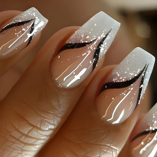 24pcs White French Press on Nails Tip Fashion Shiny Powder Design Short Ballet Fake Nail Art Wearable Coffin False Nail Finished