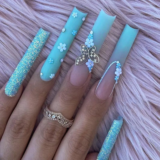 24Pcs Long Square False Nails Tips Shiny Powder 3D Flower Butterfly Rhinestone Fake Nail Blue Gradient Detachable Press on Nails